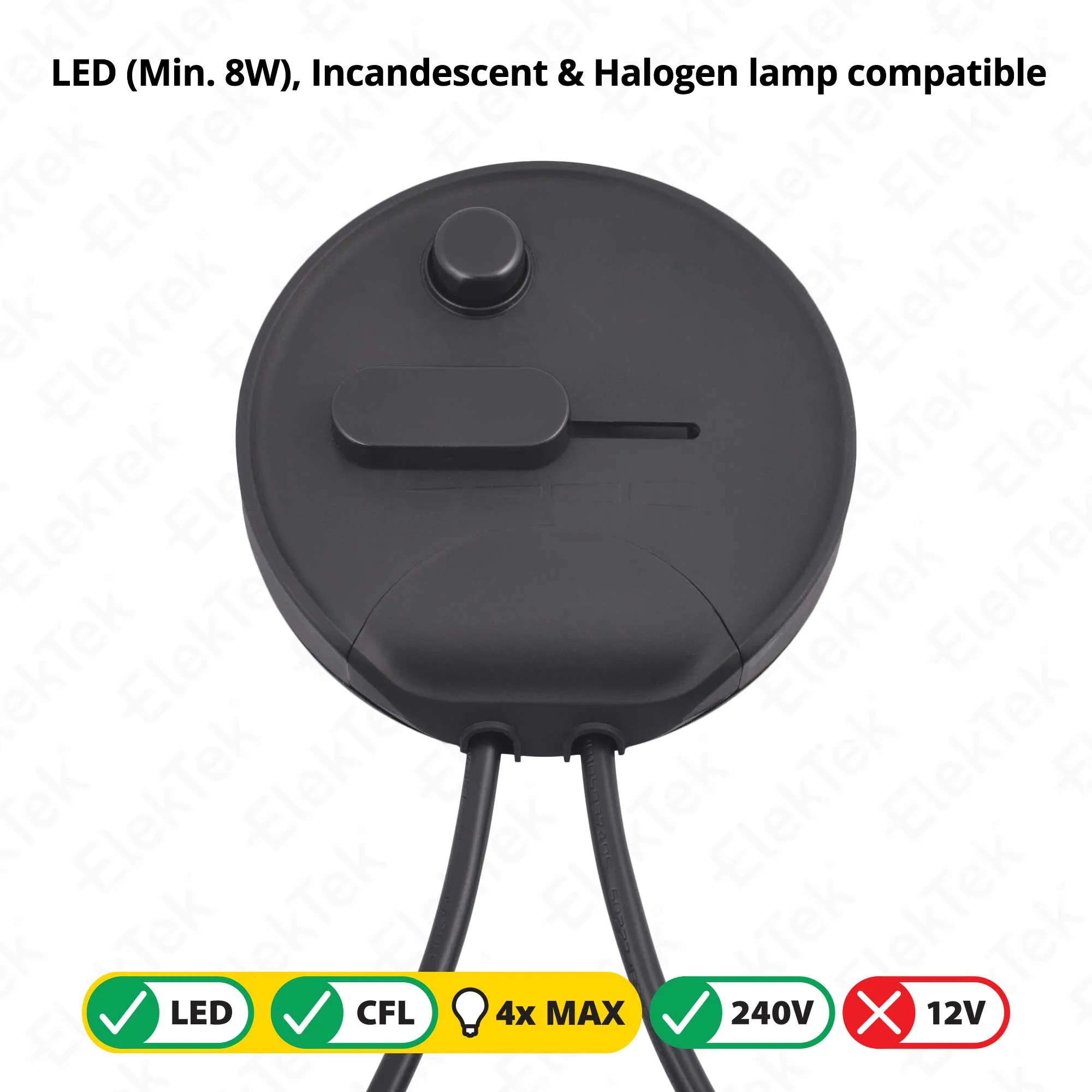 ElekTek LED Compatible Universal In Line Foot Dimmer Switch 240v AC 3 Core Suitable For LED CFL & Incandescent Bulbs Black