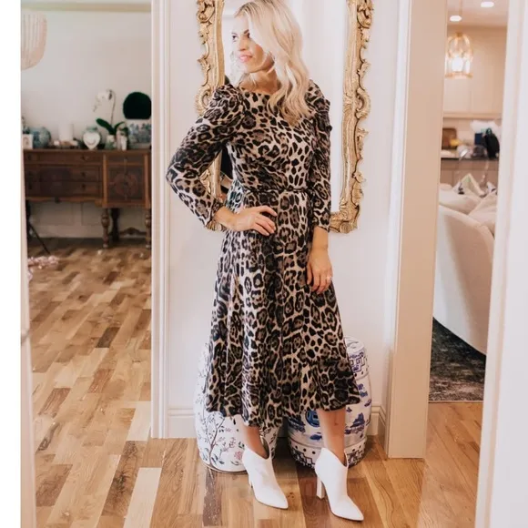 ELIZA J Leopard Print Long Sleeve Midi Dress NEW Animal Print Neutral Size 8