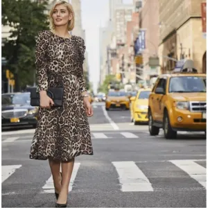 ELIZA J Leopard Print Long Sleeve Midi Dress NEW Animal Print Neutral Size 8