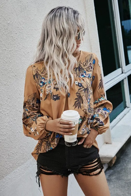 Fall Boho Floral V Neck Blouse