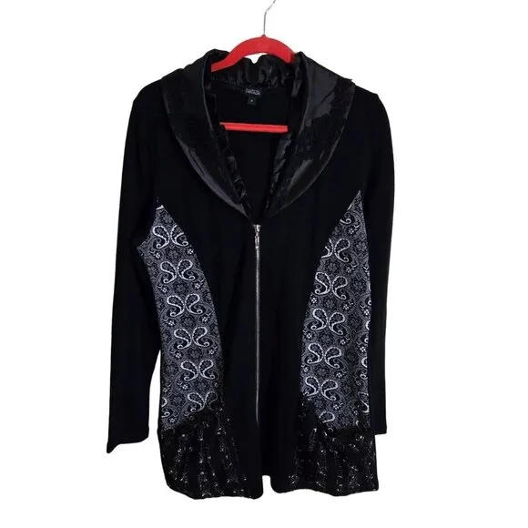 Fantazia Unique Mixed Media Long Line Exposed Zip Cardigan Sweater Size M