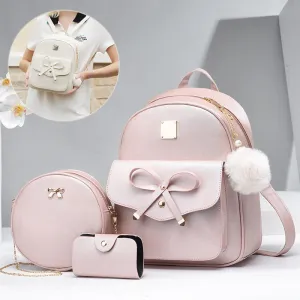 Fashion Women's Bags PU Bow Composite Bag Young Girl Student Cute Shoulders Backpack Crossbody Bags Coin Purse 3pcs Set