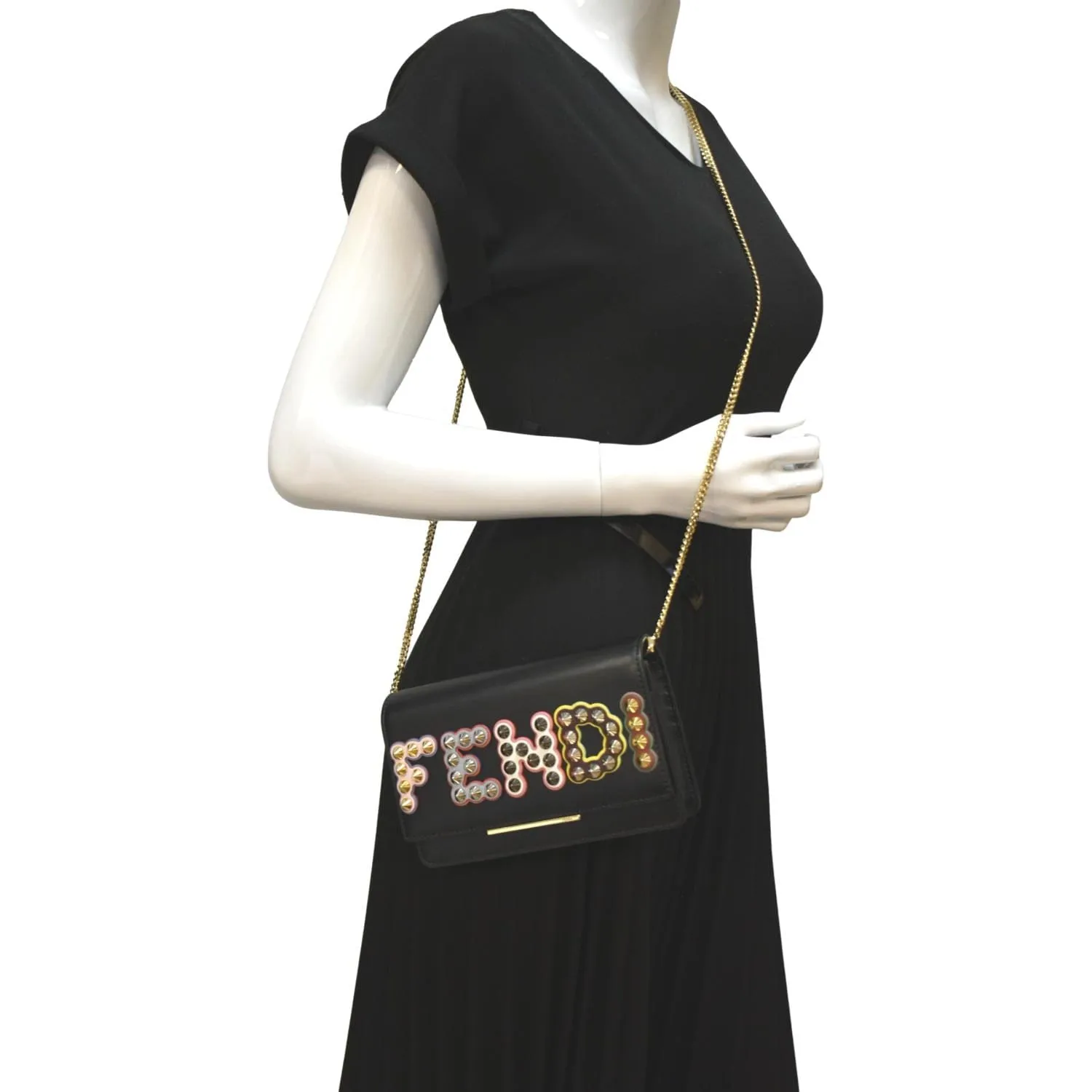 FENDI Studded Logo Woc Leather Crossbody Clutch Black