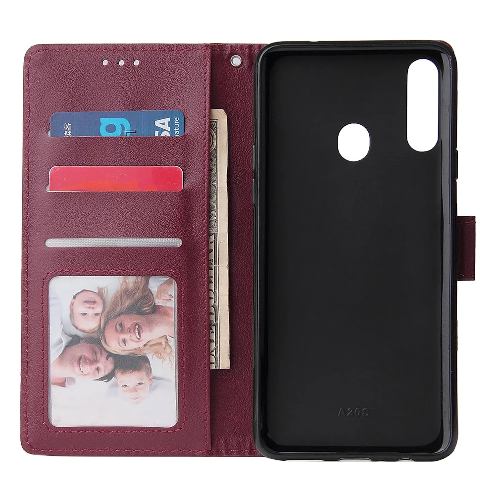 For Samsung A10S A20S Cellphone Cover Mobile Phone Shell Buckle Closure Cards Slots PU Leather Smart Shell with Wallet Overall Protection wine red