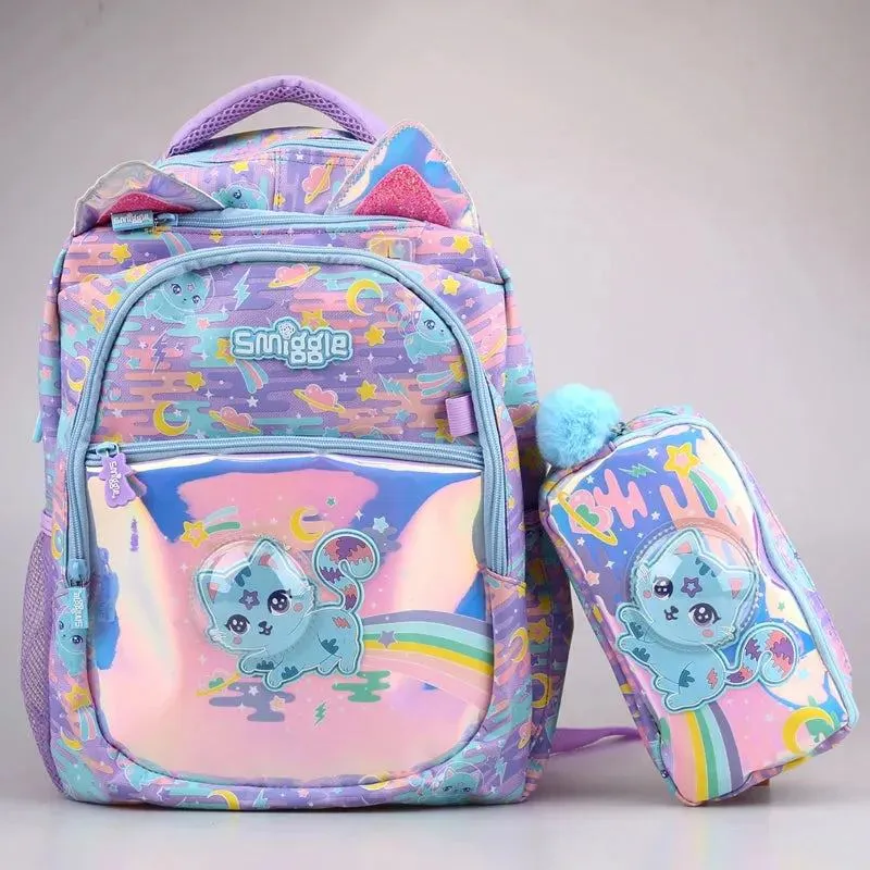 Genuine Australian Smiggle Blue Space Cat Student Backpack Crossbody Backpack Lunch Bag Pencil Box Card Bag Student Gift