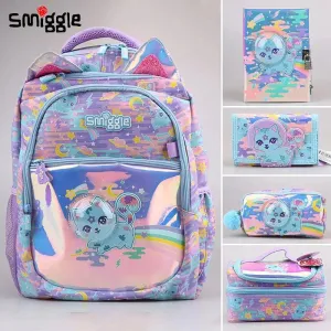 Genuine Australian Smiggle Blue Space Cat Student Backpack Crossbody Backpack Lunch Bag Pencil Box Card Bag Student Gift