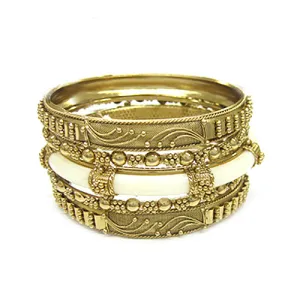 GOLD IVORY METAL WITH RESIN BANGLES SET OF 5 PCS  #B08192_GLD-WHT (CHT)
