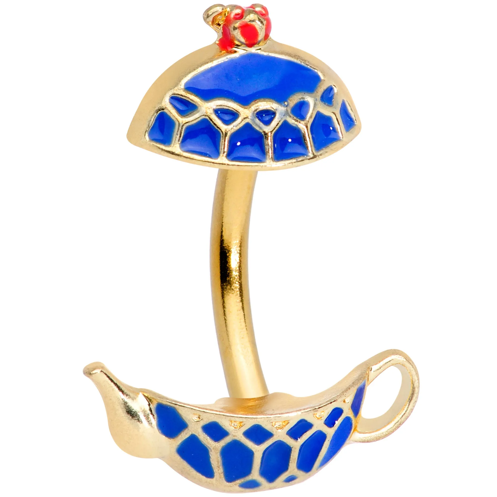 Gold Tone Blue Teapot Double Mount Belly Ring