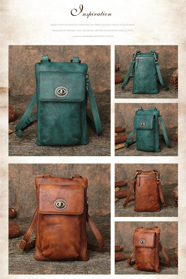 Green Leather Womens Phone Shoulder Bag Small Vertical Side Bag Handmade Crossbody Purse for Ladies