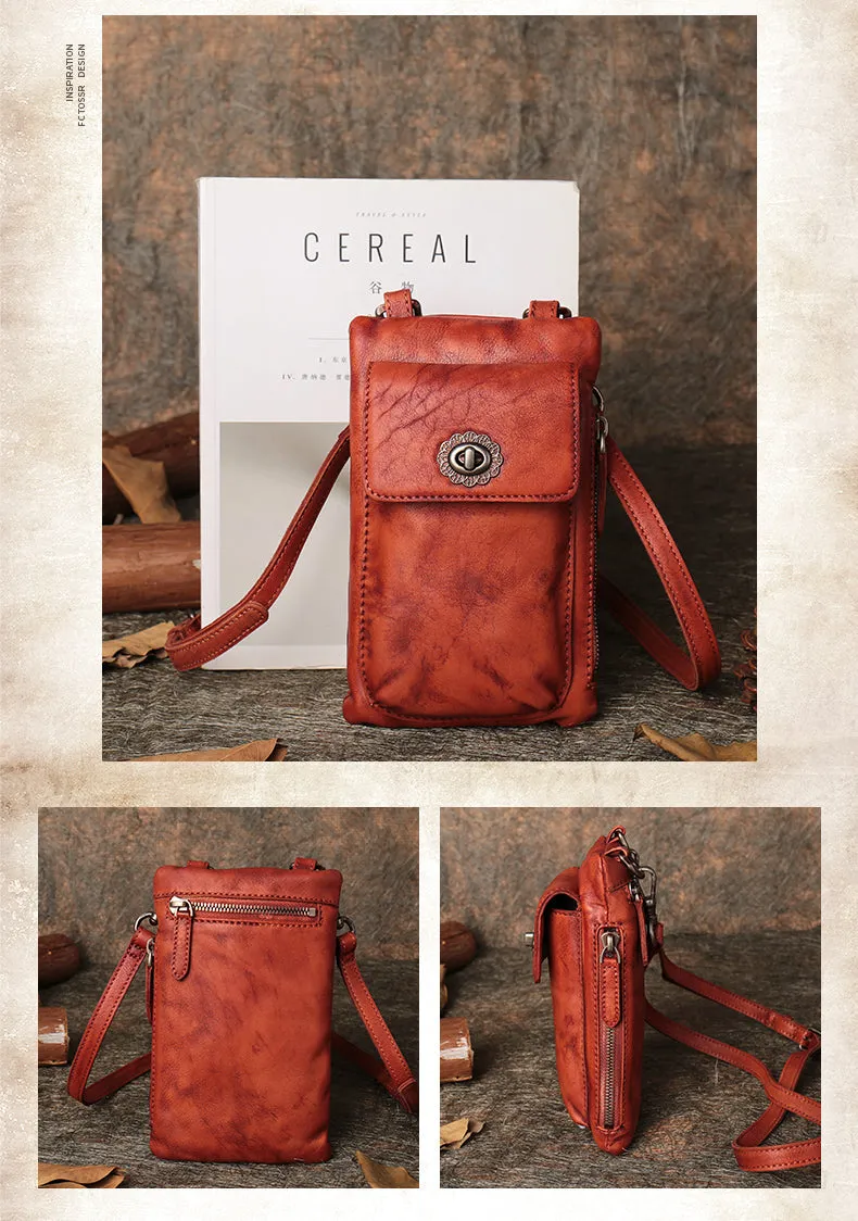 Green Leather Womens Phone Shoulder Bag Small Vertical Side Bag Handmade Crossbody Purse for Ladies