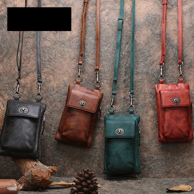 Green Leather Womens Phone Shoulder Bag Small Vertical Side Bag Handmade Crossbody Purse for Ladies