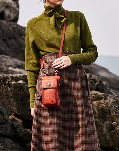 Green Leather Womens Phone Shoulder Bag Small Vertical Side Bag Handmade Crossbody Purse for Ladies