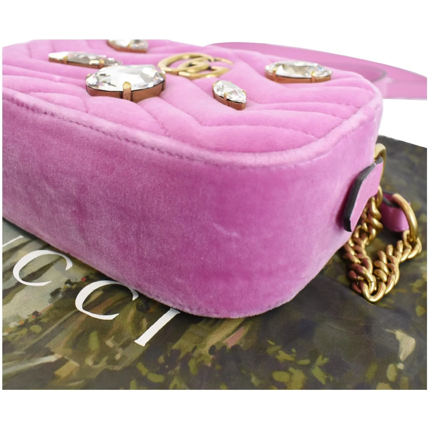 GUCCI GG Marmont Mini Marquise Crystal Velvet Crossbody Bag Pink 448065