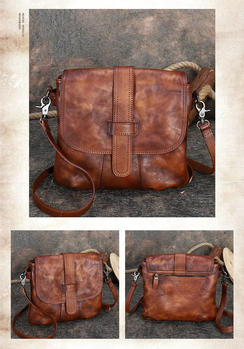 Handmade Red Leather Womens Square Shoulder Bag School Crossbody Purse for Women