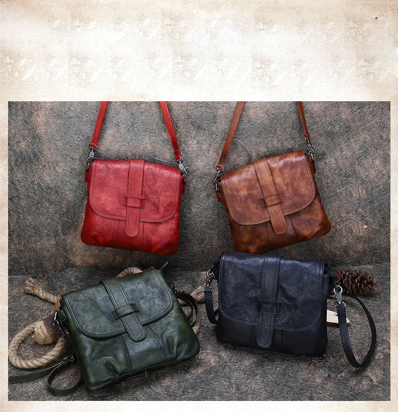 Handmade Red Leather Womens Square Shoulder Bag School Crossbody Purse for Women