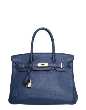 Hermes Blue Clemence Leather 30cm Birkin Bag GHW