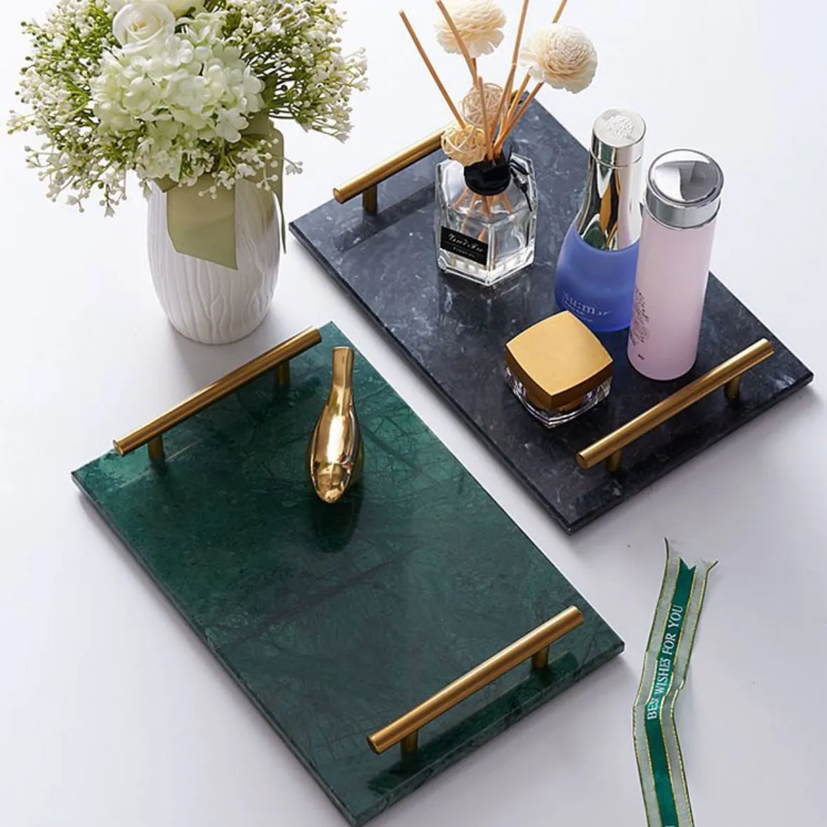 Homlly Marble Display Tray with Gold Handles (30*20*4cm)
