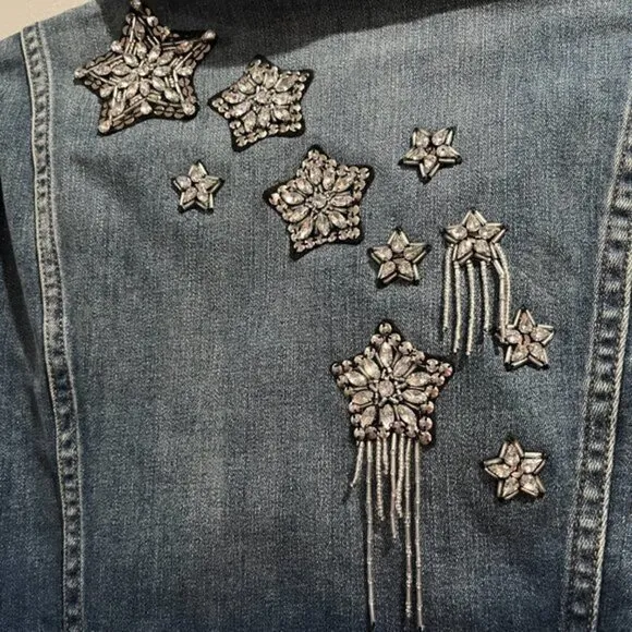 INC | 'anna sui loves' rhinestone shooting star denim moto jean jacket | small