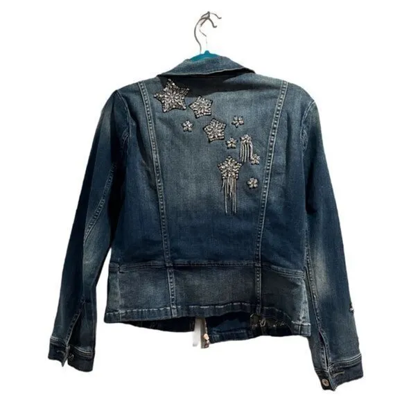 INC | 'anna sui loves' rhinestone shooting star denim moto jean jacket | small