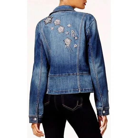 INC | 'anna sui loves' rhinestone shooting star denim moto jean jacket | small