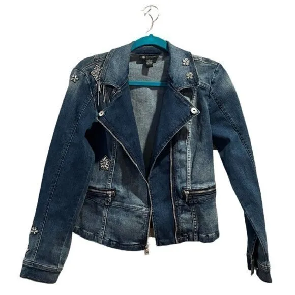 INC | 'anna sui loves' rhinestone shooting star denim moto jean jacket | small