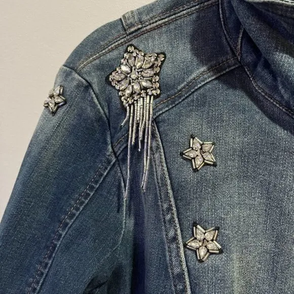 INC | 'anna sui loves' rhinestone shooting star denim moto jean jacket | small