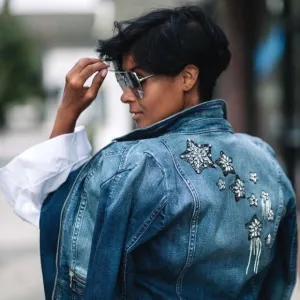INC | 'anna sui loves' rhinestone shooting star denim moto jean jacket | small