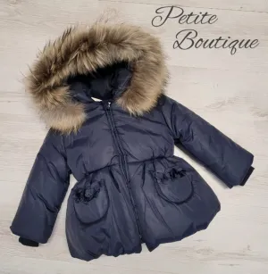Italian Bufi navy coat with fur trim hood