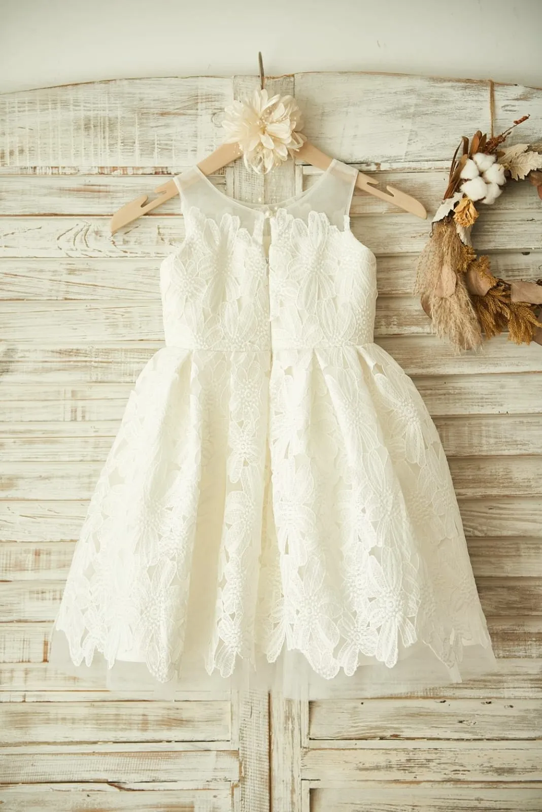 Ivory Lace Tulle Sheer Neck Wedding Flower Girl Dress