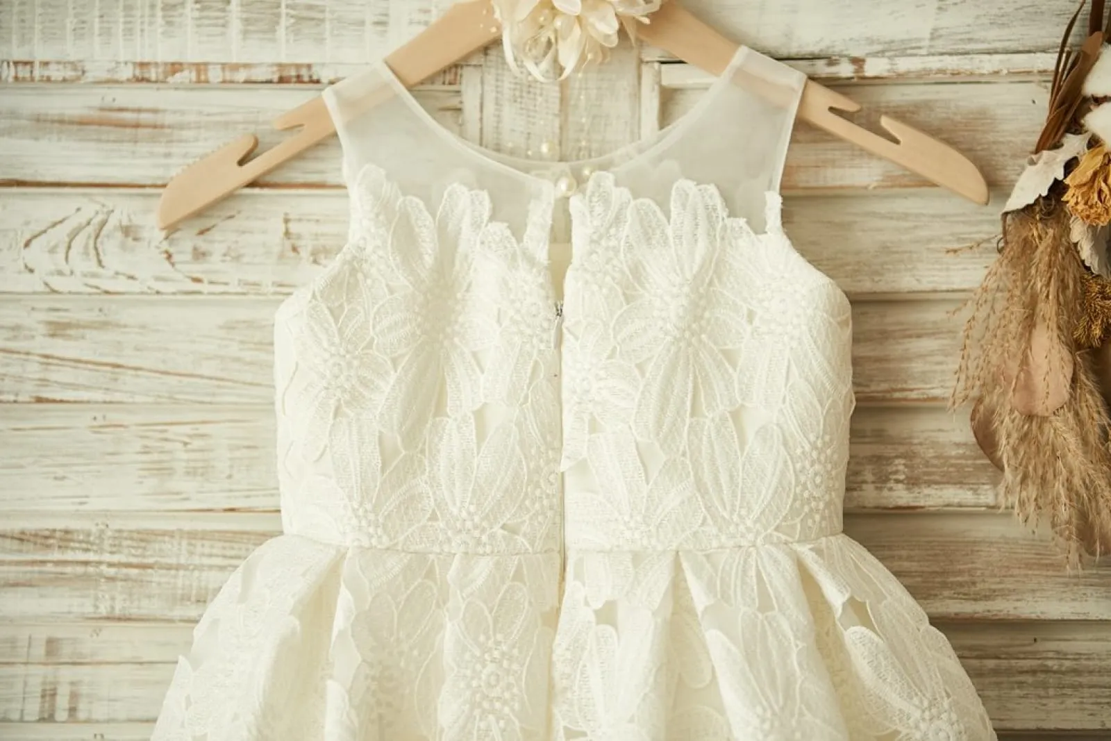 Ivory Lace Tulle Sheer Neck Wedding Flower Girl Dress
