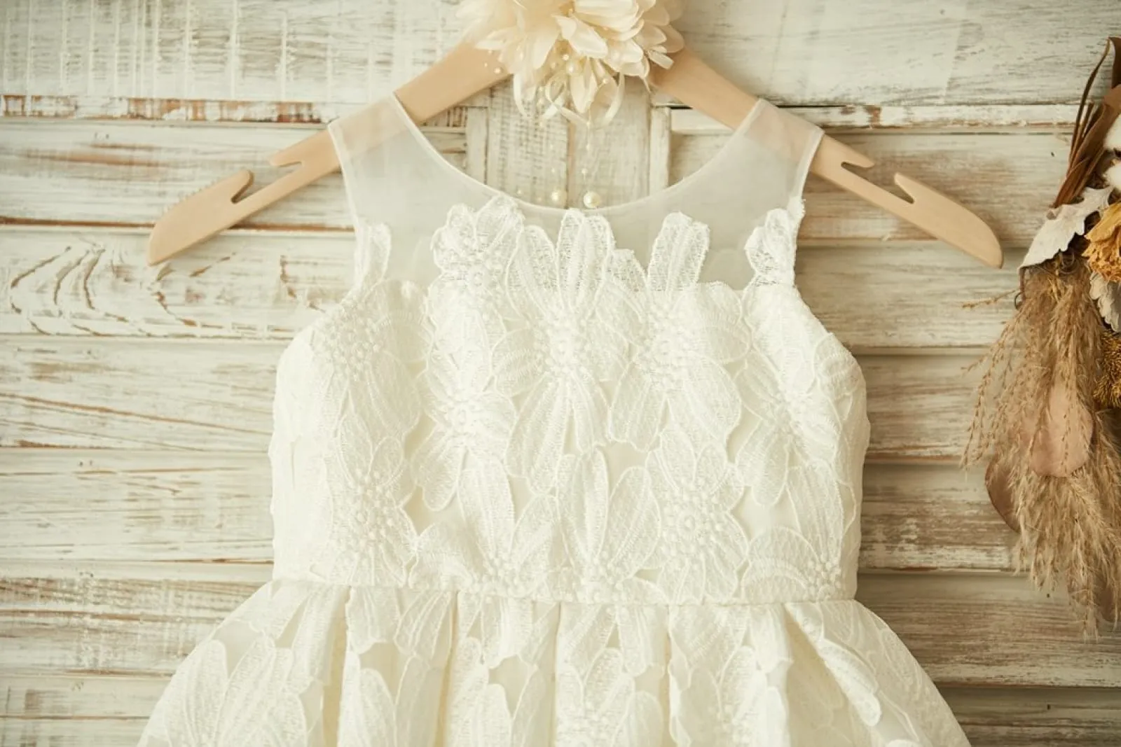 Ivory Lace Tulle Sheer Neck Wedding Flower Girl Dress