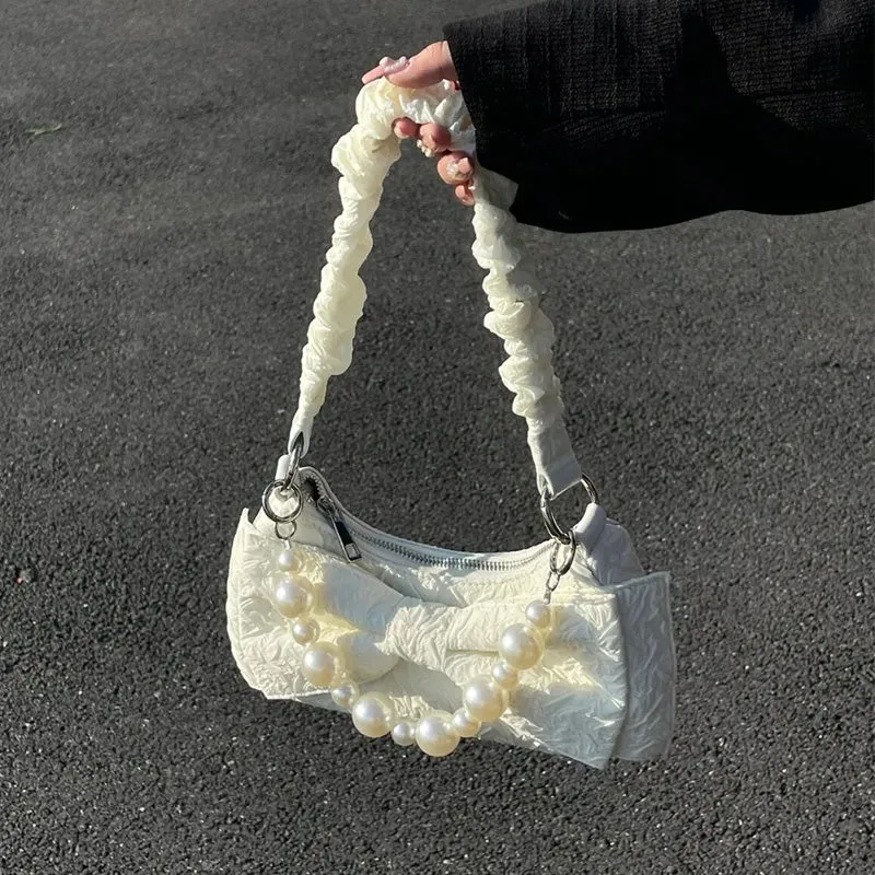 Jasmine Nylon Cloth Cream Color Pearl Handle Bow Handbag