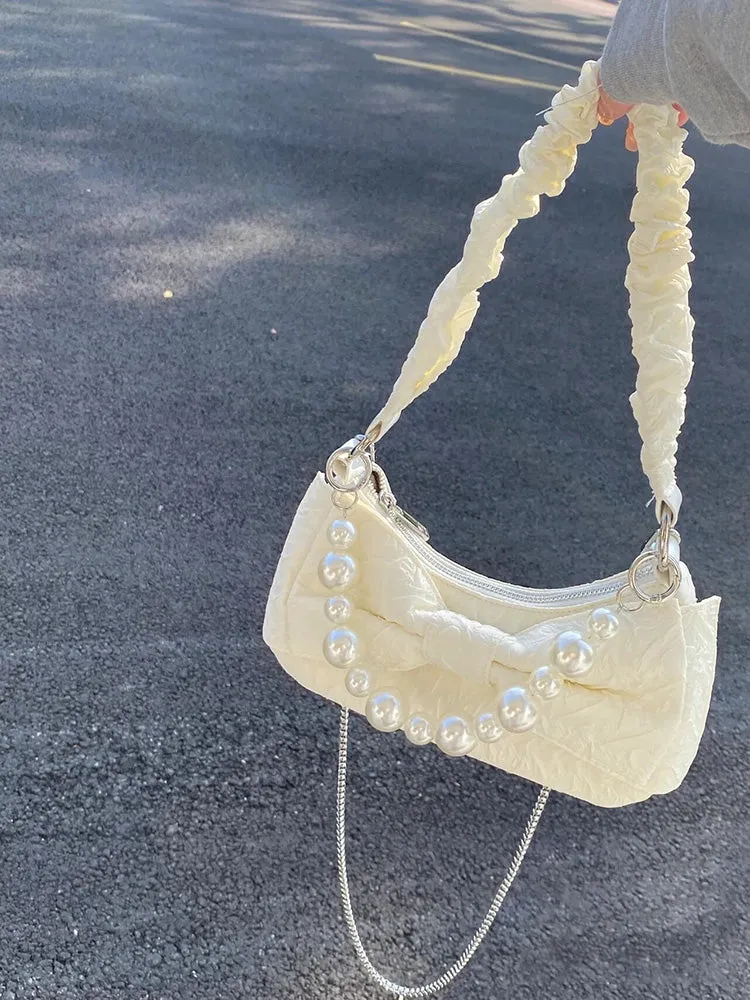 Jasmine Nylon Cloth Cream Color Pearl Handle Bow Handbag