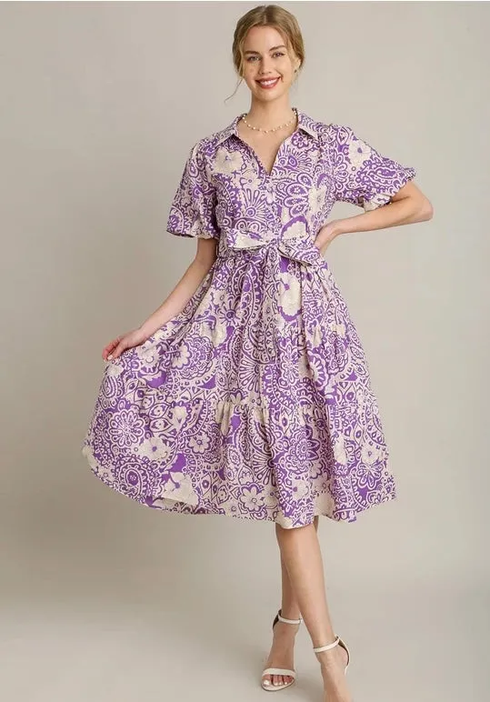 Lavender Puff Sleeve Patterned Dress