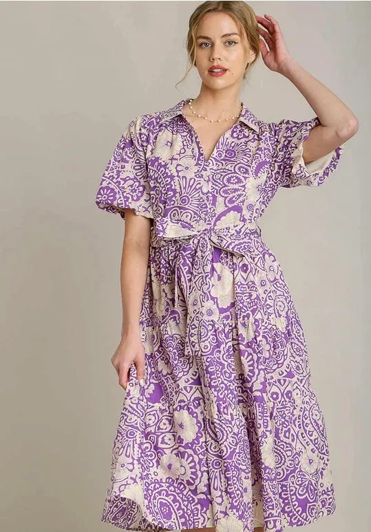 Lavender Puff Sleeve Patterned Dress