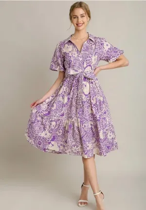 Lavender Puff Sleeve Patterned Dress