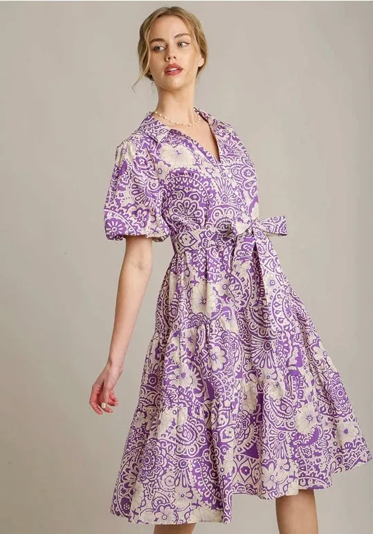 Lavender Puff Sleeve Patterned Dress