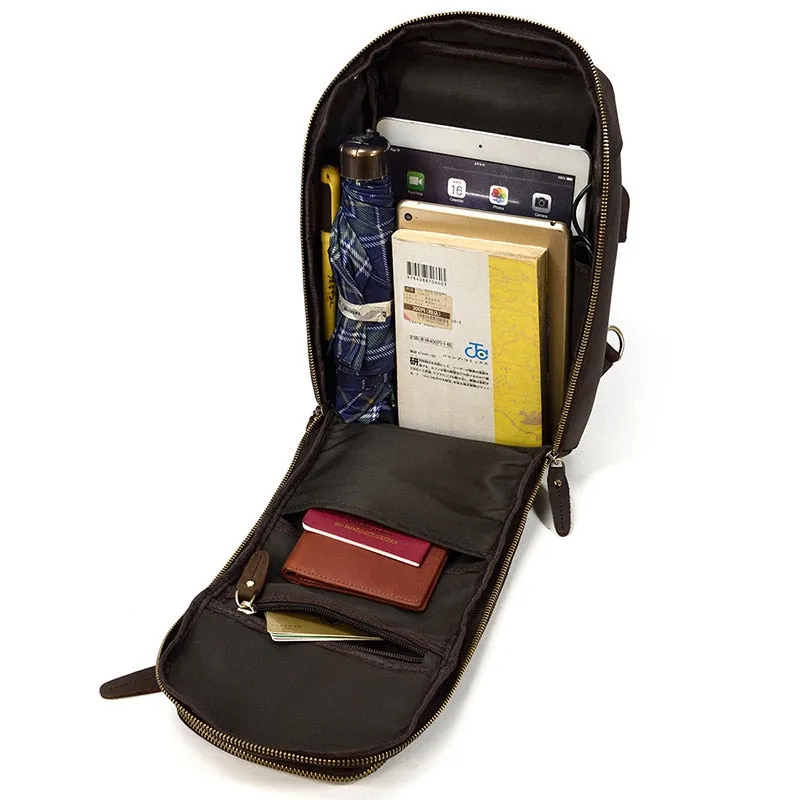 Leather Crossbody Bag Sling Bag Chest Bag - Dark Brown - USB Power Plug