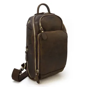 Leather Crossbody Bag Sling Bag Chest Bag - Dark Brown - USB Power Plug