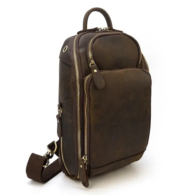 Leather Crossbody Bag Sling Bag Chest Bag - Dark Brown - USB Power Plug