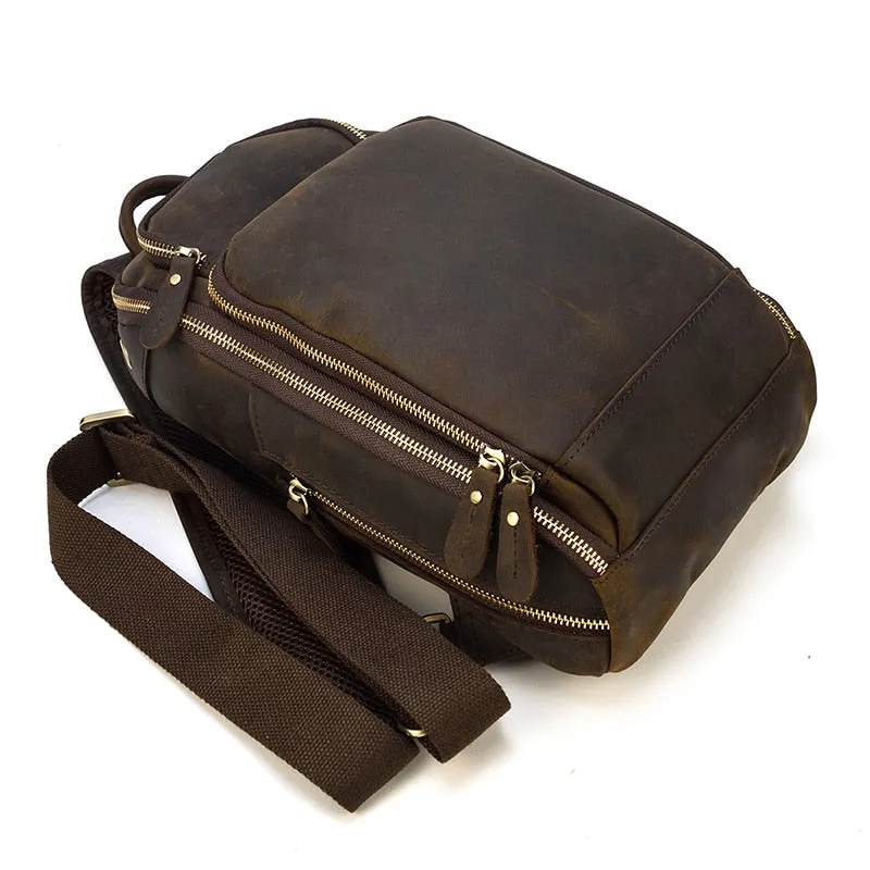 Leather Crossbody Bag Sling Bag Chest Bag - Dark Brown - USB Power Plug