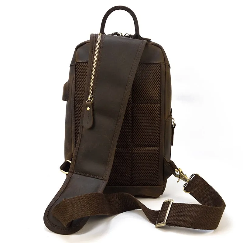 Leather Crossbody Bag Sling Bag Chest Bag - Dark Brown - USB Power Plug