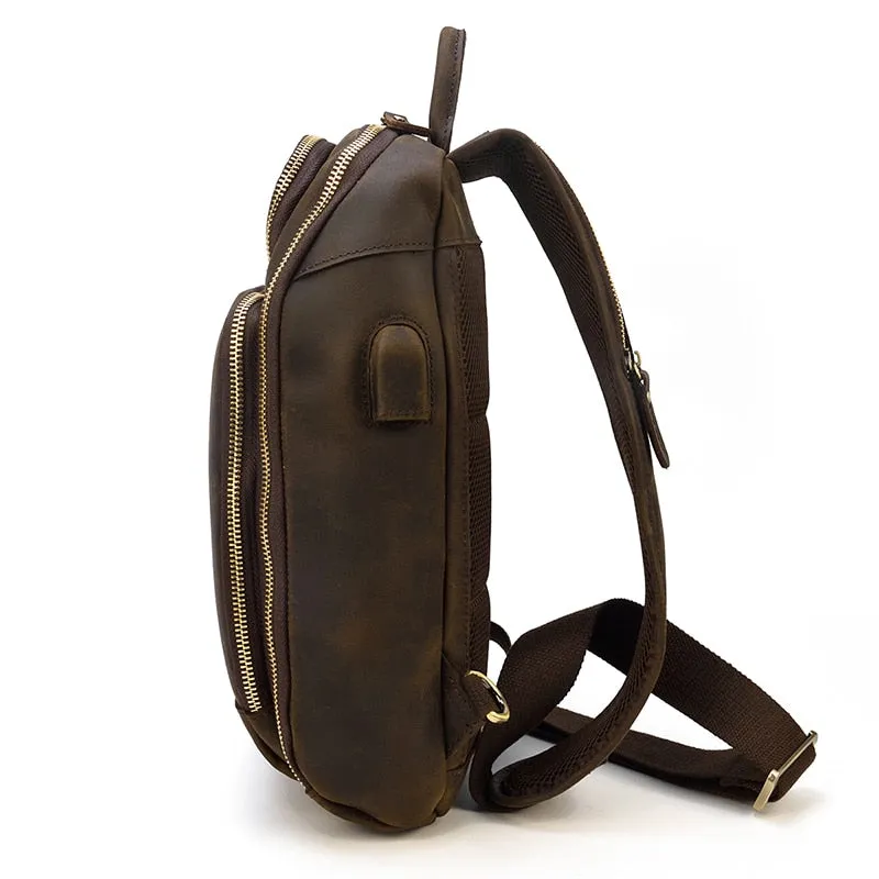 Leather Crossbody Bag Sling Bag Chest Bag - Dark Brown - USB Power Plug