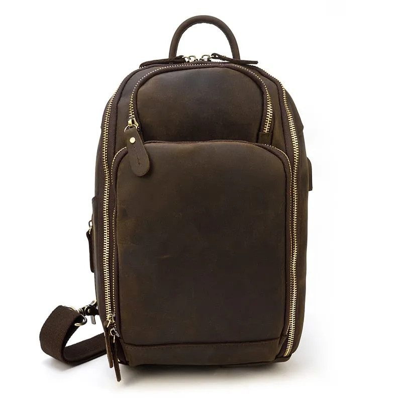 Leather Crossbody Bag Sling Bag Chest Bag - Dark Brown - USB Power Plug