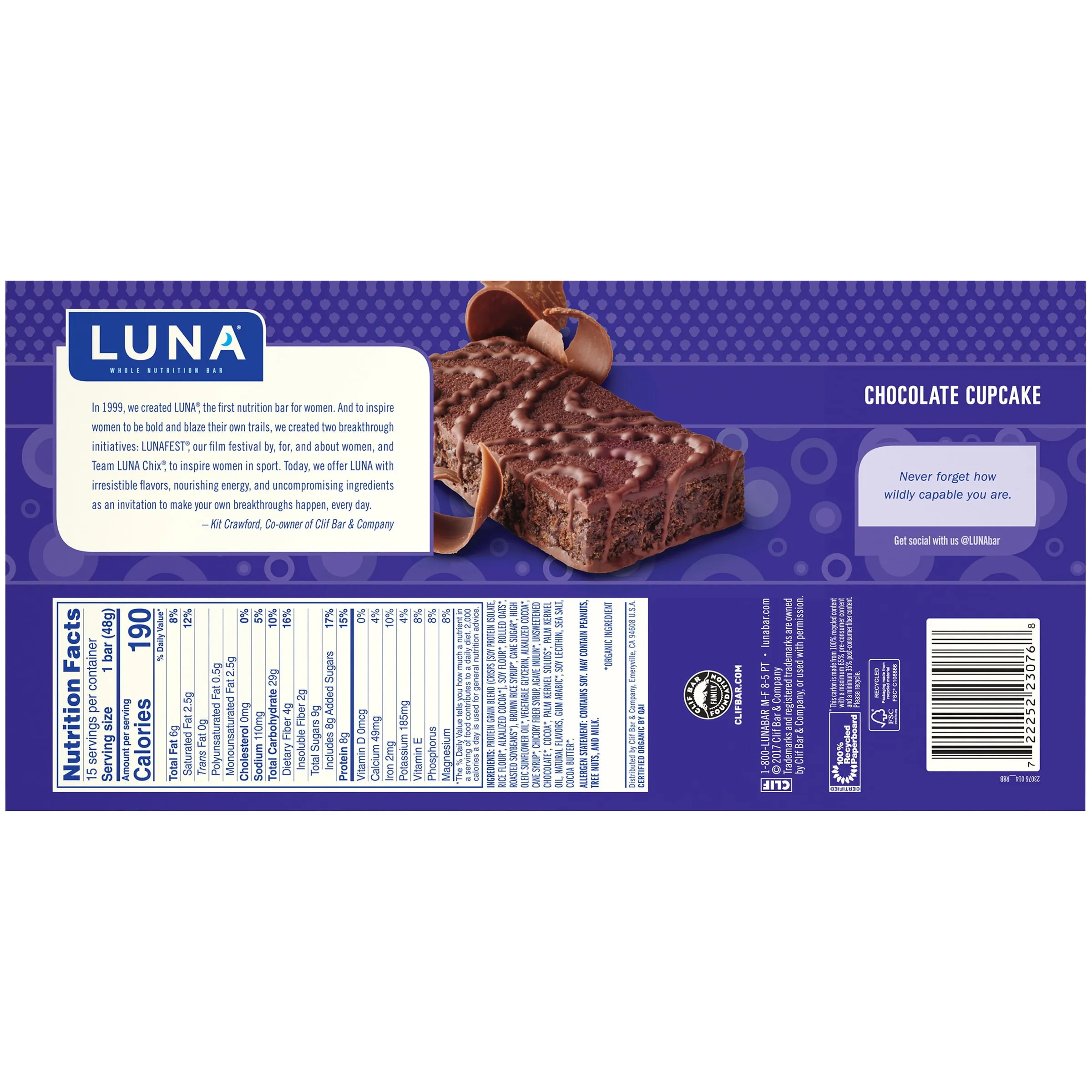 LUNA BAR Snack Bars, Gluten Free, Chocolate Cupcake Flavor, 15 Ct, 1.69 oz