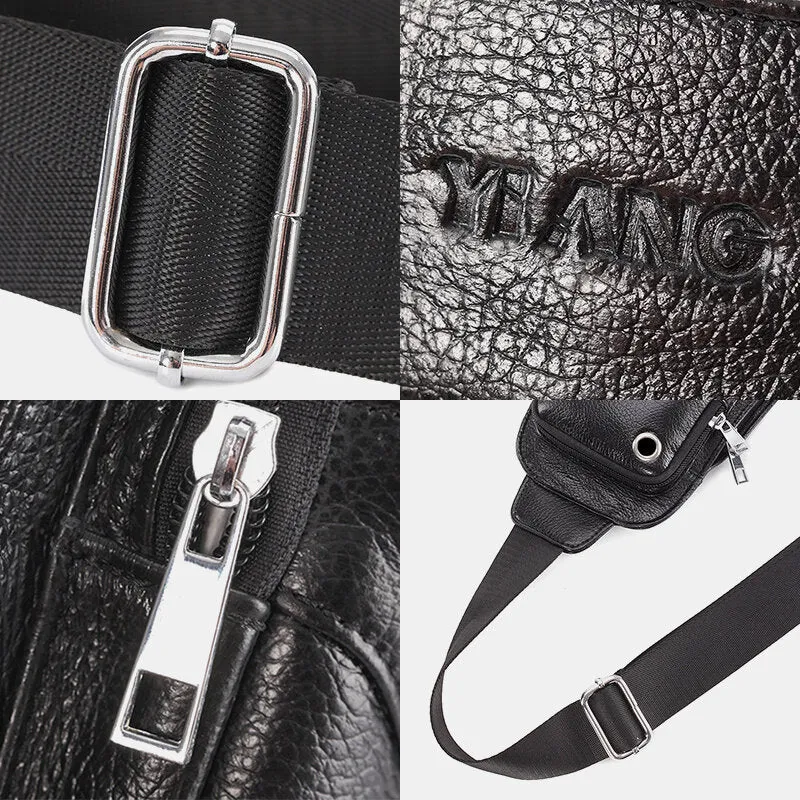 Men Solid Genuine Leather Headphone Plug Crossbody Bag Chest Bag Sling Bag