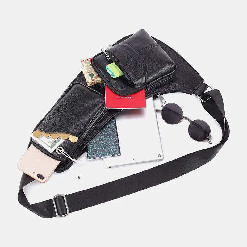 Men Solid Genuine Leather Headphone Plug Crossbody Bag Chest Bag Sling Bag