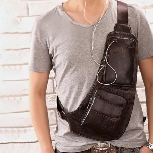 Men Solid Genuine Leather Headphone Plug Crossbody Bag Chest Bag Sling Bag
