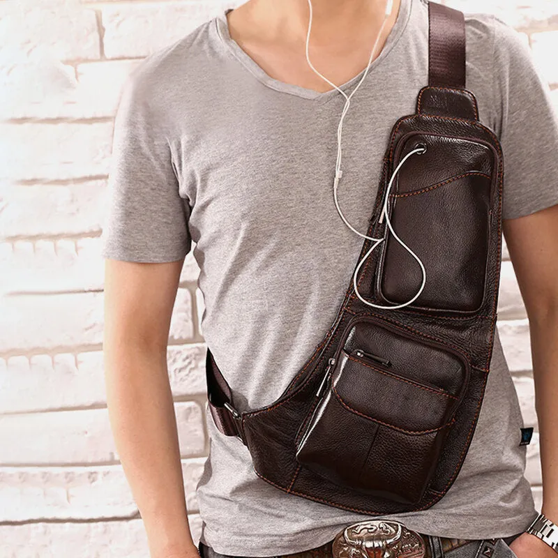 Men Solid Genuine Leather Headphone Plug Crossbody Bag Chest Bag Sling Bag