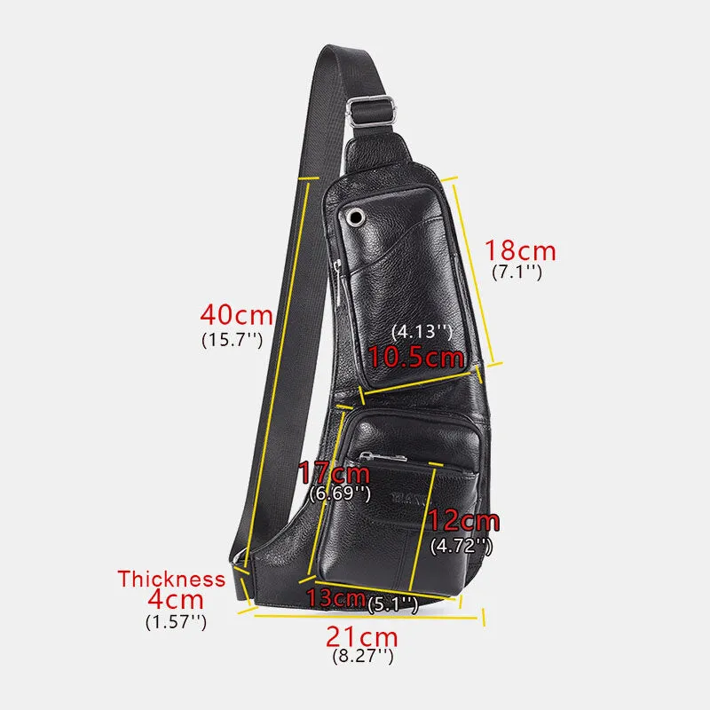 Men Solid Genuine Leather Headphone Plug Crossbody Bag Chest Bag Sling Bag
